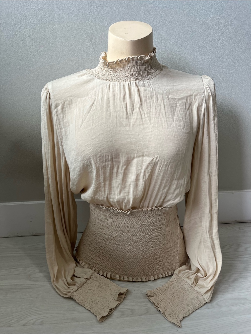 Anthropologie Cream Smocked Waist Long Sleeve Top size large